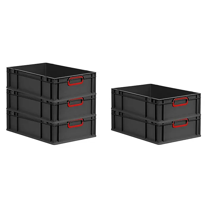 Proregal Euroboxen-Set 5x Eurobox NextGen Color - Kunststoff, Schwarz, Rot, 5 Stk. - Drei graue Kunststoffboxen mit roten Griffen sind links gestapelt, rechts zwei Boxen. Praktische Lagerbehälter für Ordnung und Übersicht.