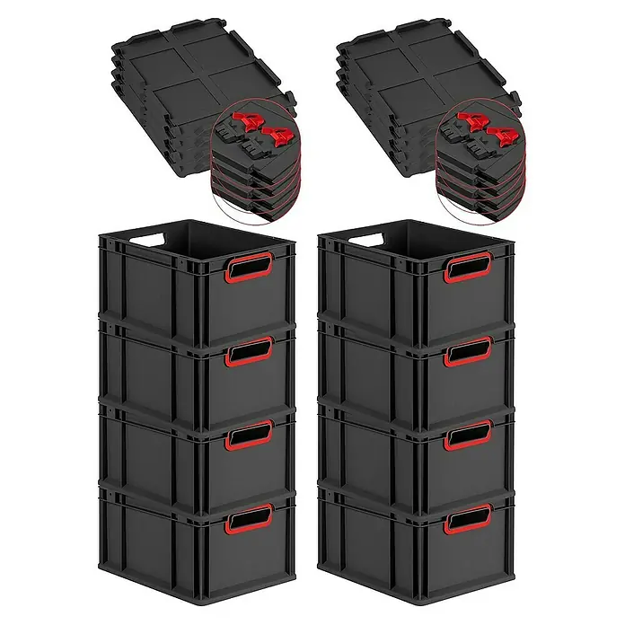Proregal Euroboxen-Set 8x Eurobox NextGen Color mit Scharnierdeckel und Verschlüssen - L x B x H: 40 x 30 x 22 cm, Kunststoff, Schwarz, Rot, 8 Stk. - Das Bild zeigt zwei Stapel schwarzer Kunststoffboxen mit roten Griffen und dazugehörigen Deckeln. Ideal für Lagerung und Organisation.