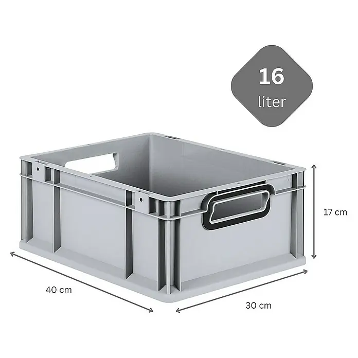 SuperSparSet 5x Eurobox NextGen Color mit Scharnierdeckel und Schiebeschnappverschlüssen | HxBxT 17x30x40cm | 16 Liter | Grau | Griffe schwarz offen | Glatter Boden | Eurobehälter, Transportbox, Transportbehälter, Stapelbehälter -  - Graue Kunststoffbox mit den Maßen 40x30x17cm und einem Fassungsvermögen von 16 Litern zur Lagerung und Organisation.