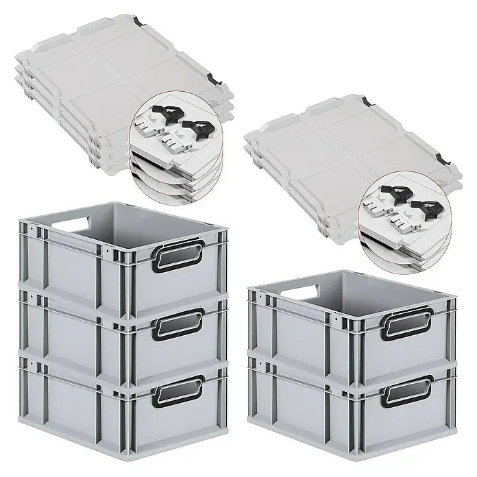 SuperSparSet 5x Eurobox NextGen Color mit Scharnierdeckel und Schiebeschnappverschlüssen | HxBxT 17x30x40cm | 16 Liter | Grau | Griffe schwarz offen | Glatter Boden | Eurobehälter, Transportbox, Transportbehälter, Stapelbehälter -  - Stapelbare graue Aufbewahrungsboxen und Deckel mit Verschlüssen, ideal für Organisation und Lagerung in Haushalt und Gewerbe.