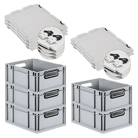 SuperSparSet 5x Eurobox NextGen Color mit Scharnierdeckel und Schiebeschnappverschlüssen | HxBxT 17x30x40cm | 16 Liter | Grau | Griffe schwarz offen | Glatter Boden | Eurobehälter, Transportbox, Transportbehälter, Stapelbehälter