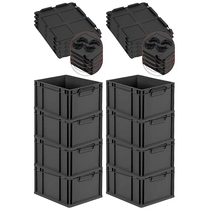 SuperSparSet 8x Eurobox NextGen Color mit Auflagedeckel und Schiebeschnappverschlüsse | HxBxT 22x30x40cm | 20 Liter | Schwarz | Griffe schwarz geschlossen | Glatter Boden | Eurobehälter, Transportbox, Transportbehälter, Stapelbehälter -  - Schwarze Kunststoff-Stapelboxen und Deckel. Praktisches Set zur Organisation.