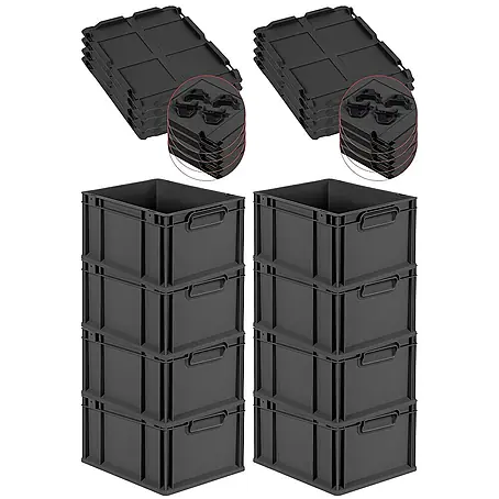 SuperSparSet 8x Eurobox NextGen Color mit Auflagedeckel und Schiebeschnappverschlüsse | HxBxT 22x30x40cm | 20 Liter | Schwarz | Griffe schwarz geschlossen | Glatter Boden | Eurobehälter, Transportbox, Transportbehälter, Stapelbehälter
