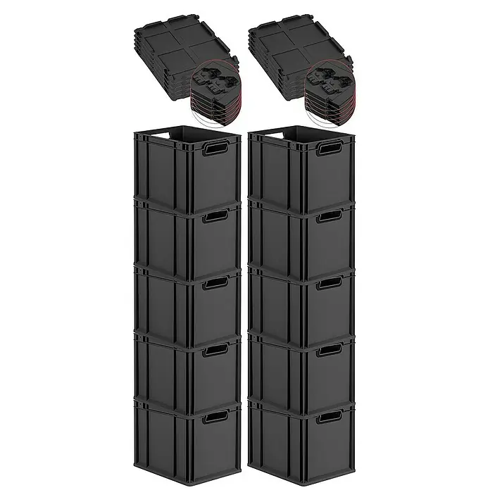 Proregal Euroboxen-Set 10x Eurobox NextGen Color mit Scharnierdeckel und Verschlüssen - Kunststoff, Schwarz, Schwarz, 10 Stk. - Stapelbare schwarze Kunststoffkisten mit Deckeln. Praktische Aufbewahrungslösung für Ordnung und Organisation im Haushalt.