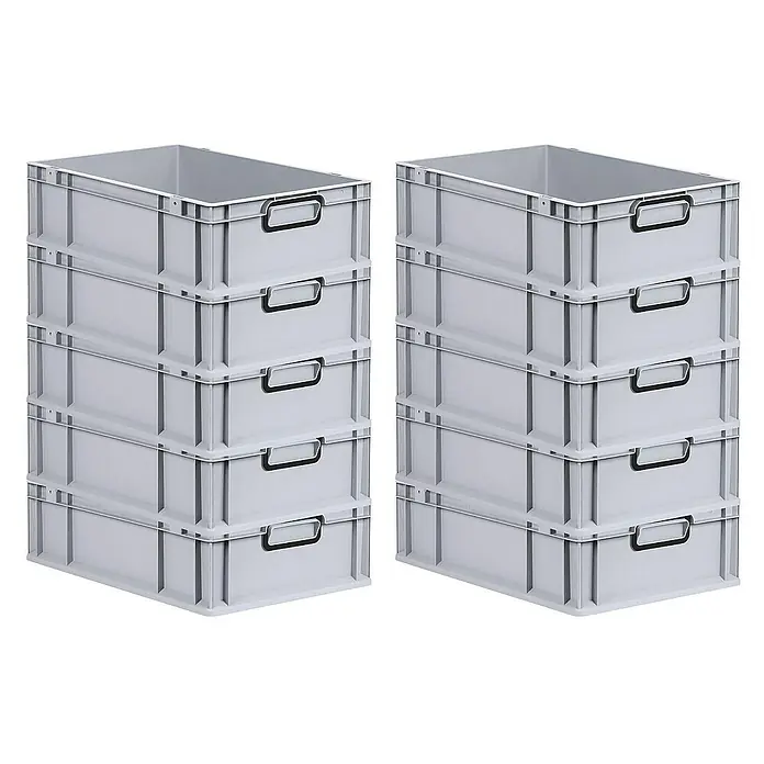 Proregal Euroboxen-Set 10x Eurobox NextGen Color - L x B x H: 60 x 40 x 17 cm, Kunststoff, Grau, Schwarz, 10 Stk. - Zwei Stapel grauer Kunststoffbehälter mit Griffen, ideal für Lagerung und Organisation. Robuste und praktische Aufbewahrungslösung.