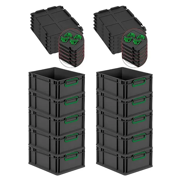 Proregal Euroboxen-Set 10x Eurobox NextGen Color mit Auflagedeckel und Schiebeschnappverschlüsse - L x B x H: 40 x 30 x 17 cm, Kunststoff, Schwarz, Grün, 10 Stk. - Abbildung von zwei Stapeln grauer Kunststoffbehälter mit grünen Griffen und zwei Stapeln mit schwarzen Deckeln.