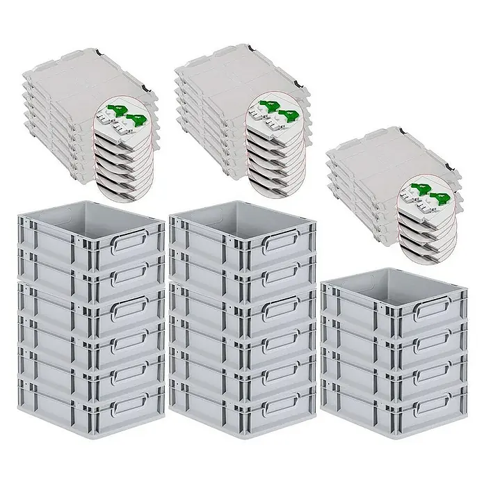Proregal Euroboxen-Set 16x Eurobox NextGen Grip mit Scharnierdeckel und grünen Verschlüssen - L x B x H: 40 x 30 x 12 cm, Kunststoff, Grau, 16 Stk. - Stapelbare Eurobehälter und passende Deckel für Ordnung und Schutz. Ideal für Lager und Transport.