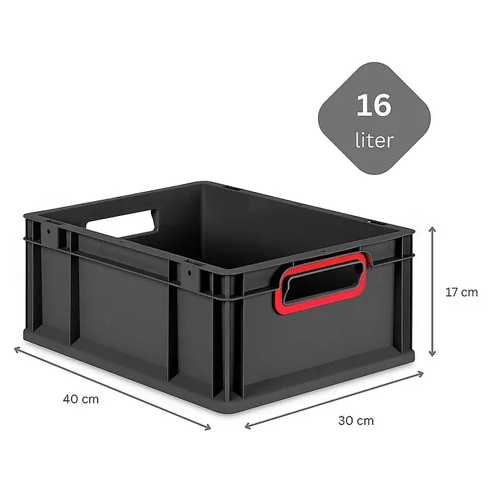 Proregal Euroboxen-Set 5x Eurobox NextGen Color - L x B x H: 40 x 30 x 17 cm, Kunststoff, Schwarz, Rot, 5 Stk. - Abgebildet ist eine graue Lagerbox mit roten Griffen und den Maßen 40 x 30 x 17 cm, die ein Fassungsvermögen von 16 Litern hat.
