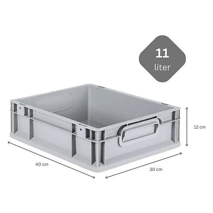 Proregal Euroboxen-Set 16x Eurobox NextGen Grip mit Scharnierdeckel und grünen Verschlüssen - L x B x H: 40 x 30 x 12 cm, Kunststoff, Grau, 16 Stk. - Graue 11-Liter-Kunststoffbox mit den Maßen 40 x 30 x 12 cm für Lagerung und Organisation. Ideal für verschiedene Zwecke.