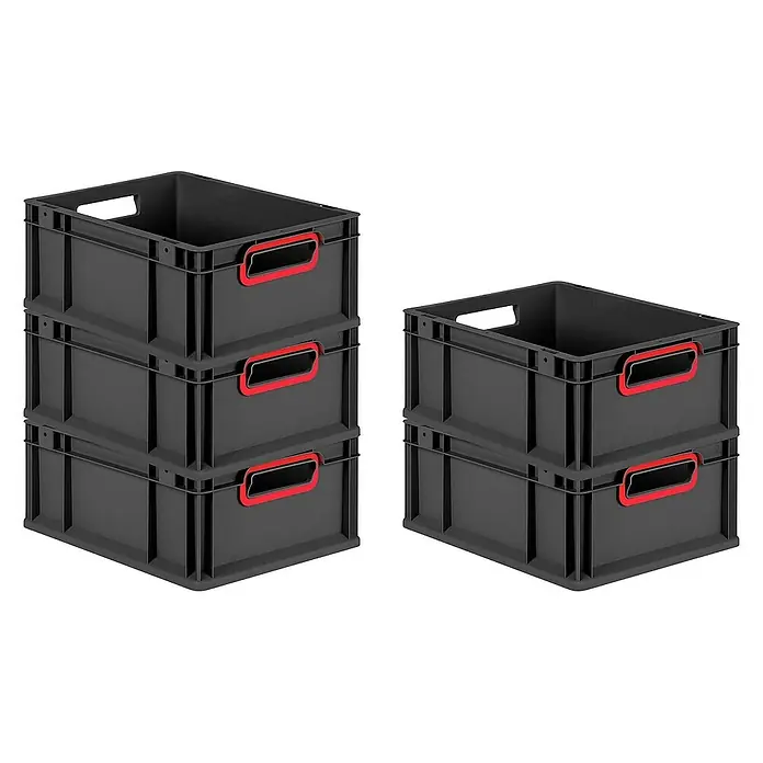 Proregal Euroboxen-Set 5x Eurobox NextGen Color - L x B x H: 40 x 30 x 17 cm, Kunststoff, Schwarz, Rot, 5 Stk. - Bild von zwei Stapeln grauer Aufbewahrungsboxen mit roten Griffen. Praktische und robuste Lösung für Lagerung und Organisation.