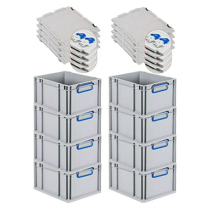 Proregal Euroboxen-Set 8x Eurobox NextGen Color mit Scharnierdeckel und Verschlüssen - L x B x H: 40 x 30 x 22 cm, Kunststoff, Grau, Blau, 8 Stk. - Bild von zwei Stapeln grauer Kunststoffboxen und zwei Stapeln grauer Deckel mit blauen Verschlüssen.