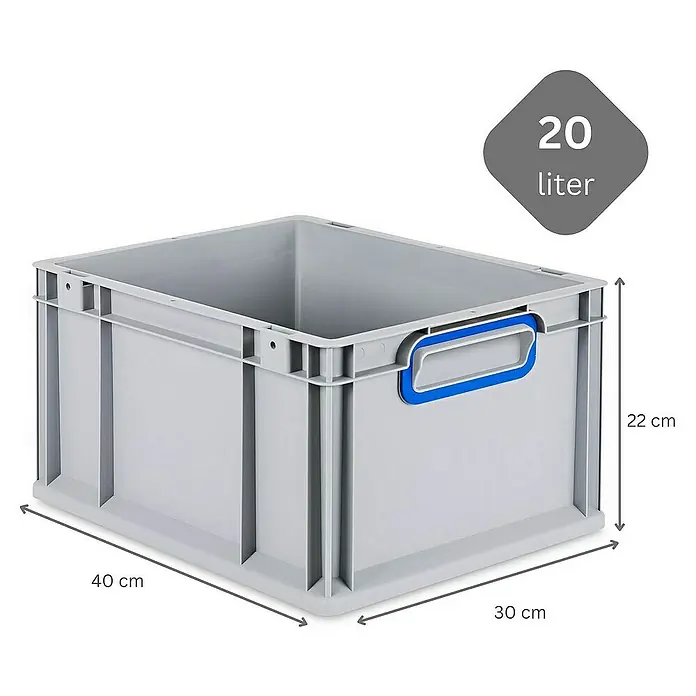 Proregal Euroboxen-Set 8x Eurobox NextGen Color mit Scharnierdeckel und Verschlüssen - L x B x H: 40 x 30 x 22 cm, Kunststoff, Grau, Blau, 8 Stk. - Abbildung eines grauen 20-Liter-Lagerbehälters aus Kunststoff mit blauen Griffen und Größenangaben.