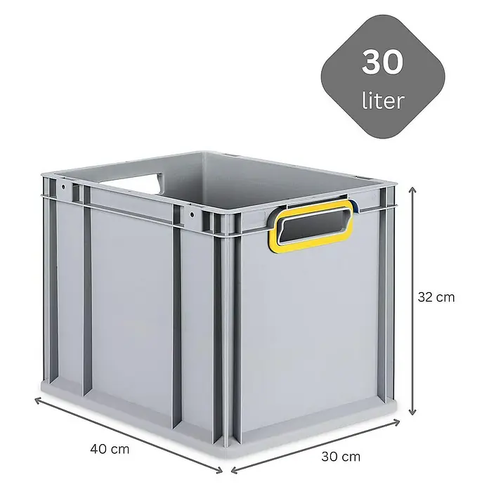 Proregal Euroboxen-Set 5x Eurobox NextGen Color - Kunststoff, Grau, Gelb, 5 Stk. - Bild einer grauen Kunststoffbox mit gelben Griffen und den Maßen 40x30x32 cm und 30 Liter Volumen.