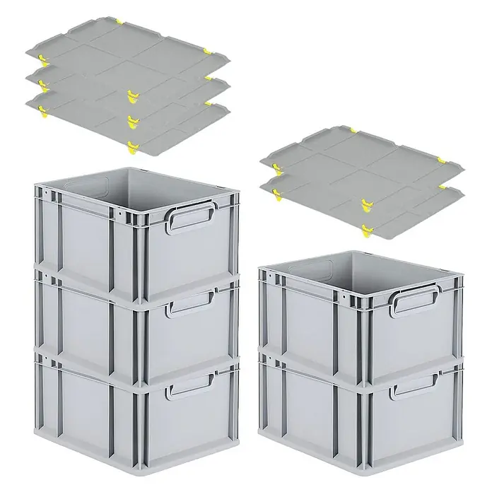 Proregal Euroboxen-Set 5x Eurobox NextGen Grip mit Auflagedeckel inkl. 4 gelben Verschlüssen - L x B x H: 40 x 30 x 22 cm, Kunststoff, Grau, 5 Stk. - Bild von grauen Lagerboxen und Deckeln, ideal für Organisation und Lagerung. Praktische Lösung für Zuhause oder im Geschäft.