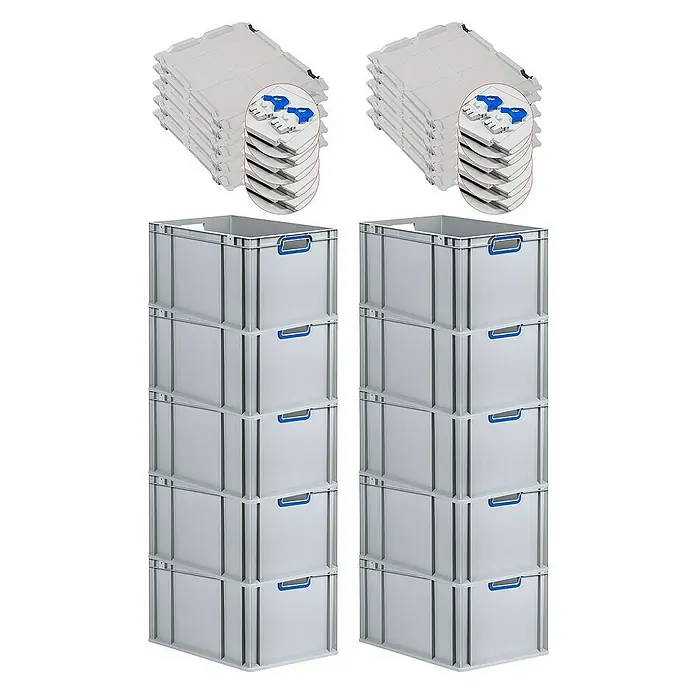 SuperSparSet 10x Eurobox NextGen Color mit Scharnierdeckel und Schiebeschnappverschlüssen | HxBxT 32x40x60cm | 65 Liter | Grau | Griffe blau offen | Verstärkter Boden | Eurobehälter, Transportbox, Transportbehälter, Stapelbehälter -  - Stapelweise Ordnung: Das Bild zeigt mehrere graue Kunststoffbehälter mit blauen Griffen und passende Deckel für eine praktische Lagerung.
