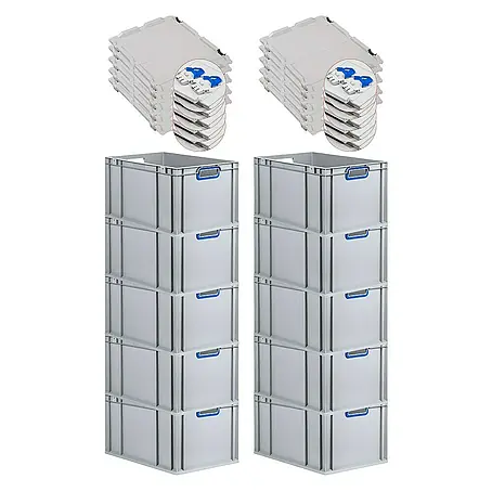 SuperSparSet 10x Eurobox NextGen Color mit Scharnierdeckel und Schiebeschnappverschlüssen | HxBxT 32x40x60cm | 65 Liter | Grau | Griffe blau offen | Verstärkter Boden | Eurobehälter, Transportbox, Transportbehälter, Stapelbehälter