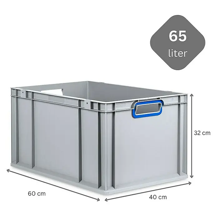 SuperSparSet 10x Eurobox NextGen Color mit Scharnierdeckel und Schiebeschnappverschlüssen | HxBxT 32x40x60cm | 65 Liter | Grau | Griffe blau offen | Verstärkter Boden | Eurobehälter, Transportbox, Transportbehälter, Stapelbehälter -  - Graue 65-Liter-Kunststoffbox mit blauen Griffen und den Maßen 60 cm x 40 cm x 32 cm für vielseitige Aufbewahrung.