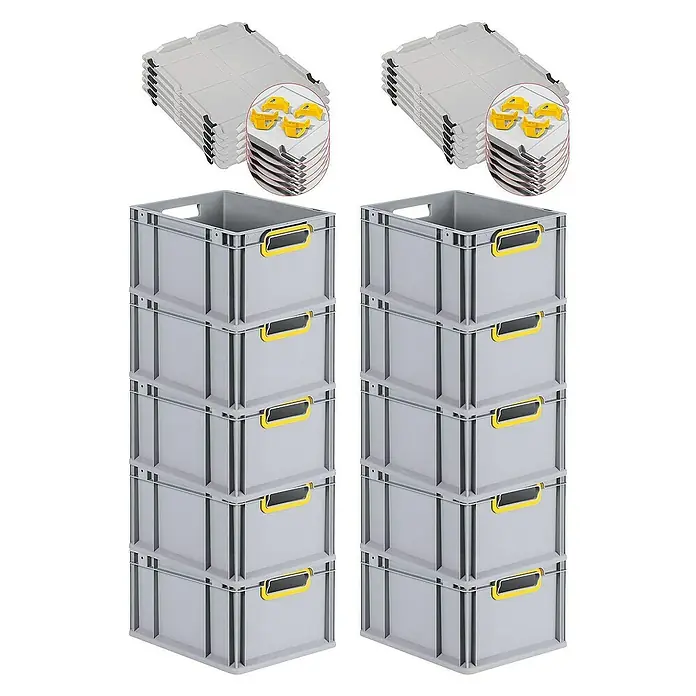 Proregal Euroboxen-Set 10x Eurobox NextGen Color mit Auflagedeckel und Schiebeschnappverschlüsse - L x B x H: 40 x 30 x 22 cm, Kunststoff, Grau, Gelb, 10 Stk. - Das Bild zeigt zwei Stapel grauer Kunststoffboxen mit gelben Griffen und Deckel mit gelben Verschlüssen.