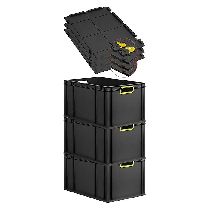 Proregal Euroboxen-Set 3x Eurobox NextGen Color mit Scharnierdeckel und Verschlüssen - L x B x H: 60 x 40 x 32 cm, Kunststoff, Schwarz, Gelb, 3 Stk. - Drei schwarze Kunststoffboxen sind übereinander gestapelt, und flache, gestapelte Boxdeckel sind daneben abgebildet.