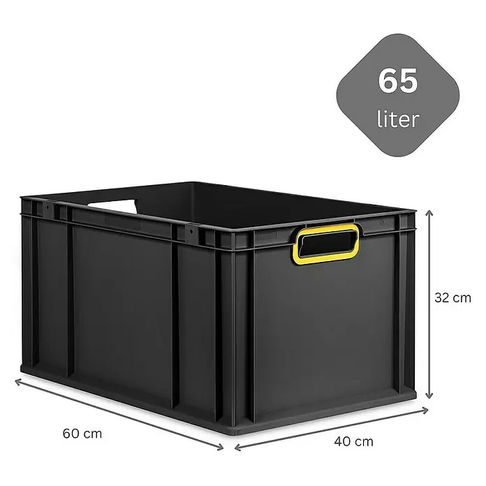 Proregal Euroboxen-Set 3x Eurobox NextGen Color mit Scharnierdeckel und Verschlüssen - L x B x H: 60 x 40 x 32 cm, Kunststoff, Schwarz, Gelb, 3 Stk. - Schwarze Kunststoffbox mit gelben Griffen und den Maßen 60x40x32 cm und einem Fassungsvermögen von 65 Litern.