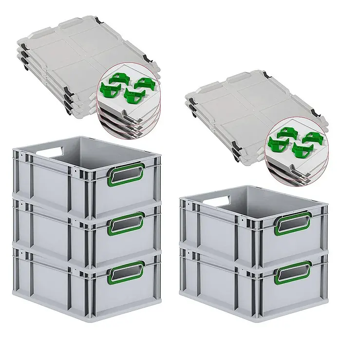 Proregal Euroboxen-Set 5x Eurobox NextGen Color mit Auflagedeckel und Schiebeschnappverschlüsse - L x B x H: 40 x 30 x 17 cm, Kunststoff, Grau, Grün, 5 Stk. - Stapelbare graue Eurobehälter und Deckel mit grünen Griffen und Verschlussclips, ideal für Lagerung und Transport.