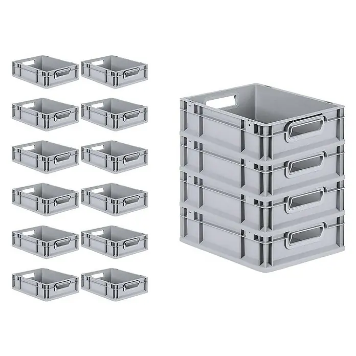 Proregal Euroboxen-Set 16x Eurobox NextGen Economy mit Scharnierdeckel und grünen Verschlüssen - L x B x H: 40 x 30 x 12 cm, Kunststoff, Grau, 16 Stk. - Graue Kunststoffboxen, einige einzeln und einige gestapelt, ideal für Lagerung und Organisation.