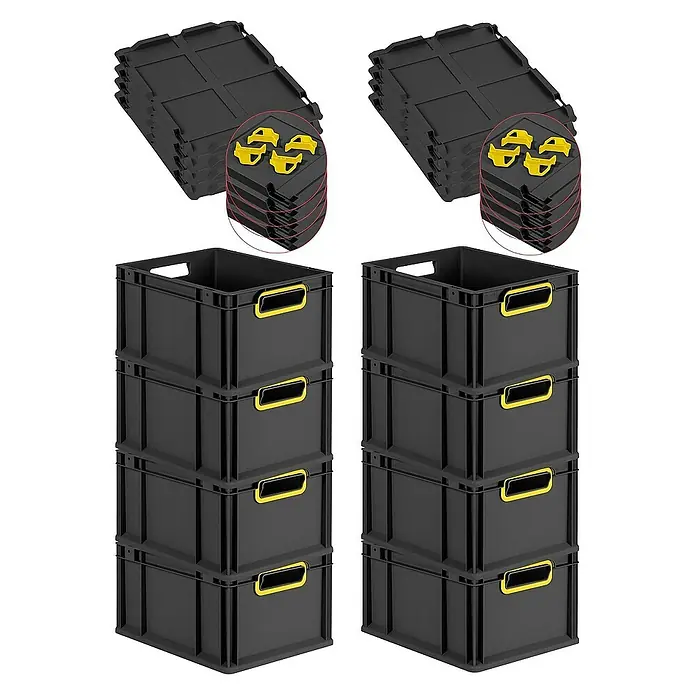 Proregal Euroboxen-Set 8x Eurobox NextGen Color mit Auflagedeckel und Schiebeschnappverschlüsse - L x B x H: 40 x 30 x 22 cm, Kunststoff, Schwarz, Gelb, 8 Stk. - Abbildung von schwarzen Stapelboxen und passenden Deckeln. Die Kunststoffboxen mit gelben Griffen sind ideal für Lagerung und Organisation.