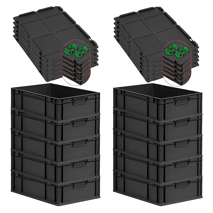 Proregal Euroboxen-Set 10x Eurobox NextGen Grip mit Auflagedeckel inkl. 4 grünen Verschlüssen - L x B x H: 60 x 40 x 17 cm, Kunststoff, Schwarz, 10 Stk. - Schwarze Kunststoff-Lagerkisten und Deckel, ideal für Organisation und Aufbewahrung. Praktisches Stapeldesign für effiziente Raumnutzung.