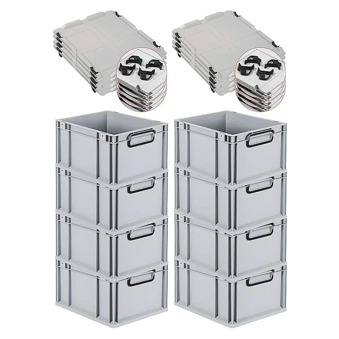 SuperSparSet 8x Eurobox NextGen Color mit Auflagedeckel und Schiebeschnappverschlüsse | HxBxT 22x30x40cm | 20 Liter | Grau | Griffe schwarz geschlossen | Glatter Boden | Eurobehälter, Transportbox, Transportbehälter, Stapelbehälter -  - Stapelbare graue Kunststoffboxen mit Deckeln, ideal für Lagerung und Ordnung. Robustes Design für den täglichen Gebrauch im Lager oder Zuhause.