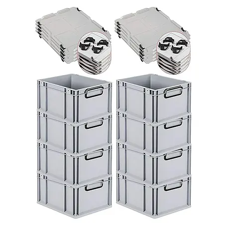 SuperSparSet 8x Eurobox NextGen Color mit Auflagedeckel und Schiebeschnappverschlüsse | HxBxT 22x30x40cm | 20 Liter | Grau | Griffe schwarz geschlossen | Glatter Boden | Eurobehälter, Transportbox, Transportbehälter, Stapelbehälter