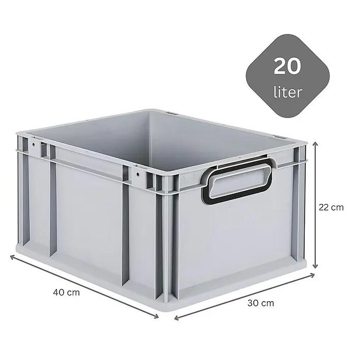 SuperSparSet 8x Eurobox NextGen Color mit Auflagedeckel und Schiebeschnappverschlüsse | HxBxT 22x30x40cm | 20 Liter | Grau | Griffe schwarz geschlossen | Glatter Boden | Eurobehälter, Transportbox, Transportbehälter, Stapelbehälter -  - Graue Kunststoffbox mit den Maßen 40 x 30 x 22 cm und einem Fassungsvermögen von 20 Litern.