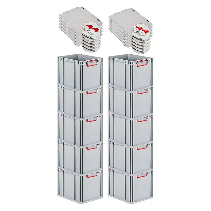 Proregal Euroboxen-Set 10x Eurobox NextGen Color mit Scharnierdeckel und Verschlüssen - Kunststoff, Grau, Rot, 10 Stk. - Das Bild zeigt graue Kunststoffboxen mit roten Griffen und passenden Deckeln, gestapelt in zwei Säulen. Ideal für Lagerung und Organisation.
