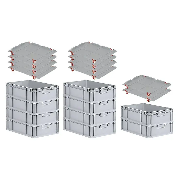 Proregal Euroboxen-Set 10x Eurobox NextGen Economy mit Auflagedeckel und 4x Verschlüsse Rot - L x B x H: 60 x 40 x 17 cm, Kunststoff, Grau, 10 Stk. - Abgebildet sind graue Eurobehälter und Deckel. Die Behälter sind in Stapeln angeordnet, während die Deckel separat gestapelt sind.