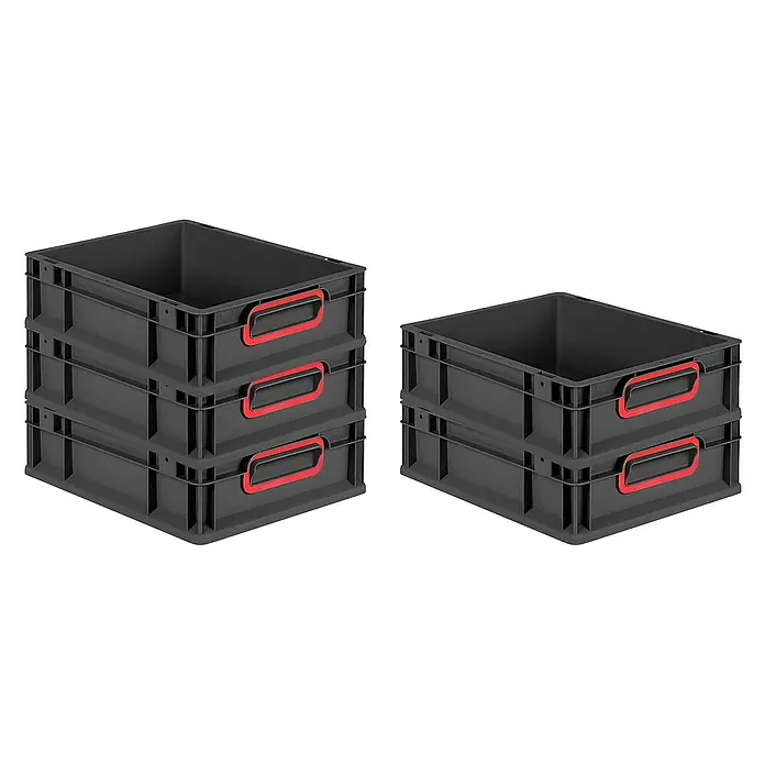 Proregal Euroboxen-Set 16x Eurobox NextGen Color - L x B x H: 40 x 30 x 12 cm, Kunststoff, Schwarz, Rot, 16 Stk. - Zwei Stapel grauer Kunststoffboxen mit roten Griffen, die sich ideal für Lagerung und Transport eignen. Sie sind robust und platzsparend.