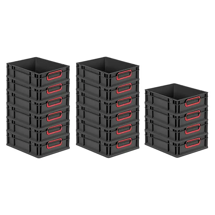 Proregal Euroboxen-Set 16x Eurobox NextGen Color - L x B x H: 40 x 30 x 12 cm, Kunststoff, Schwarz, Rot, 16 Stk. - Stapelbare, graue Kunststoffbehälter mit roten Griffen, ideal für Lagerung und Transport von Gegenständen.