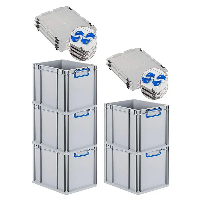 Proregal Euroboxen-Set 5x Eurobox NextGen Color mit Auflagedeckel und Schiebeschnappverschlüsse - L x B x H: 40 x 30 x 32 cm, Kunststoff, Grau, Blau, 5 Stk. - Das Bild zeigt graue Kunststoffbehälter und Deckel mit blauen Details, ideal für Lagerung und Organisation.