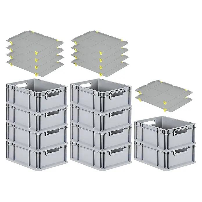 Proregal Euroboxen-Set 10x Eurobox NextGen Grip mit Auflagedeckel inkl. 4 gelben Verschlüssen - L x B x H: 40 x 30 x 17 cm, Kunststoff, Grau, 10 Stk. - Ein Set aus grauen Kunststoffboxen und Deckeln, ideal für Lagerung und Organisation.