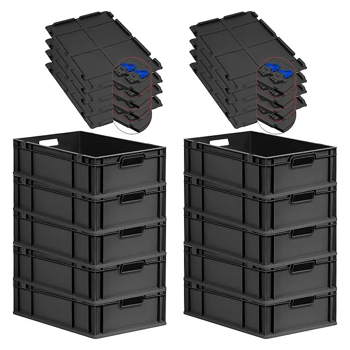 Proregal Euroboxen-Set 10x Eurobox NextGen Grip mit Scharnierdeckel und blauen Verschlüssen - L x B x H: 60 x 40 x 17 cm, Kunststoff, Schwarz, 10 Stk. - Bild von schwarzen Eurobehältern und passenden Deckeln, die eine praktische und robuste Lagerlösung bieten.