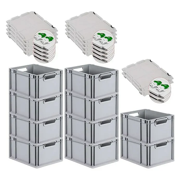 Proregal Euroboxen-Set 10x Eurobox NextGen Grip mit Scharnierdeckel und grünen Verschlüssen - L x B x H: 40 x 30 x 22 cm, Kunststoff, Grau, 10 Stk. - Bild von grauen Aufbewahrungsboxen mit Deckel, ideal für die Organisation. Praktische, stapelbare Boxen für vielseitige Anwendungen.