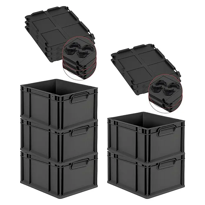 SparSet 5x Eurobox NextGen Grip mit Auflagedeckel inkl. 4 schwarzen Schiebeschnappverschlüssen | HxBxT 22x30x40cm | 20 Liter | Schwarz | Griffe geschlossen | Eurobehälter, Transportbox, Transportbehälter, Stapelbehälter -  - Bild von stapelbaren schwarzen Lagerboxen und Deckeln. Ideal für Lagerung und Organisation im Haushalt oder im Gewerbe.