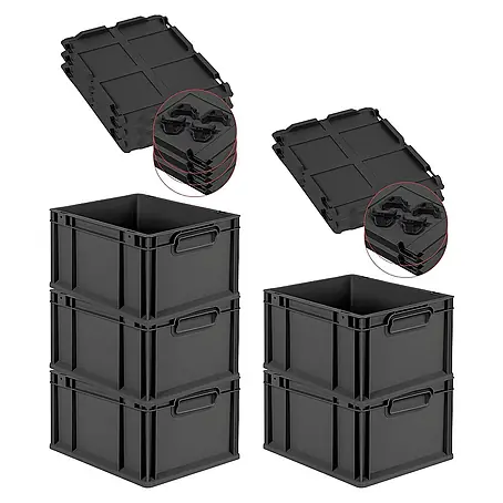 SparSet 5x Eurobox NextGen Grip mit Auflagedeckel inkl. 4 schwarzen Schiebeschnappverschlüssen | HxBxT 22x30x40cm | 20 Liter | Schwarz | Griffe geschlossen | Eurobehälter, Transportbox, Transportbehälter, Stapelbehälter
