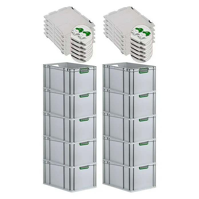 Proregal Euroboxen-Set 10x Eurobox NextGen Color mit Scharnierdeckel und Verschlüssen - L x B x H: 60 x 40 x 32 cm, Kunststoff, Grau, Grün, 10 Stk. - Kunststoffbehälter mit Deckel, ideal für Lagerung & Transport. Stapelbare Boxen mit praktischen Tragegriffen für effiziente Organisation.