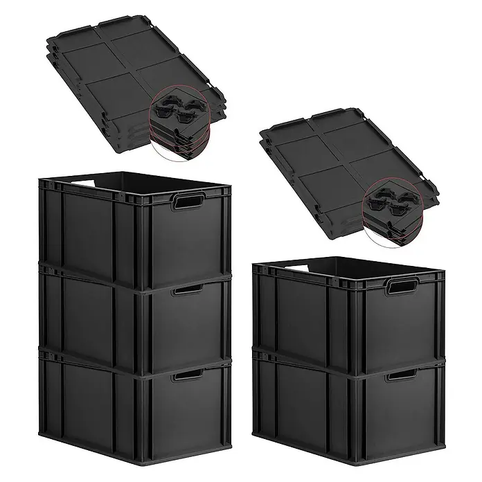 SparSet 5x Eurobox NextGen Grip mit Auflagedeckel inkl. 4 schwarzen Schiebeschnappverschlüssen | HxBxT 32x40x60cm | 65 Liter | Schwarz | Griffe offen | Verstärkter Boden | Eurobehälter, Transportbox, Transportbehälter, Stapelbehälter -  - Bild von schwarzen Lagerboxen und stapelbaren Behältern, die praktische Aufbewahrungslösungen bieten.