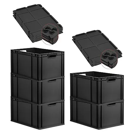 SparSet 5x Eurobox NextGen Grip mit Auflagedeckel inkl. 4 schwarzen Schiebeschnappverschlüssen | HxBxT 32x40x60cm | 65 Liter | Schwarz | Griffe offen | Verstärkter Boden | Eurobehälter, Transportbox, Transportbehälter, Stapelbehälter