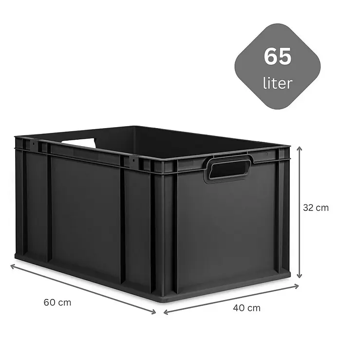 SparSet 5x Eurobox NextGen Grip mit Auflagedeckel inkl. 4 schwarzen Schiebeschnappverschlüssen | HxBxT 32x40x60cm | 65 Liter | Schwarz | Griffe offen | Verstärkter Boden | Eurobehälter, Transportbox, Transportbehälter, Stapelbehälter -  - Abbildung einer schwarzen 65-Liter-Kunststoffbox mit den Maßen 60 cm x 40 cm x 32 cm zur Aufbewahrung und Organisation.