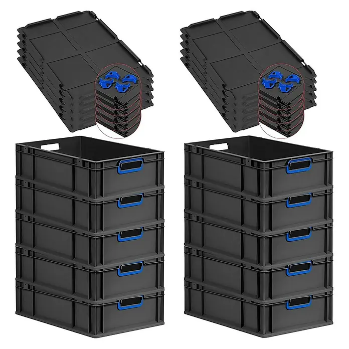 Proregal Euroboxen-Set 10x Eurobox NextGen Color mit Auflagedeckel und Schiebeschnappverschlüsse - L x B x H: 60 x 40 x 17 cm, Kunststoff, Schwarz, Blau, 10 Stk. - Produktfoto: Stapelbare, graue Kunststoffbehälter mit blauen Griffen und passenden Deckeln. Praktische Aufbewahrungslösung.