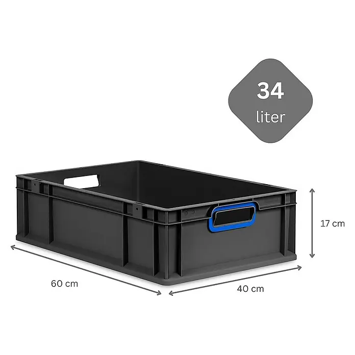 Proregal Euroboxen-Set 10x Eurobox NextGen Color mit Auflagedeckel und Schiebeschnappverschlüsse - L x B x H: 60 x 40 x 17 cm, Kunststoff, Schwarz, Blau, 10 Stk. - Abbildung eines grauen Kunststoffbehälters mit den Maßen 60 x 40 x 17 cm und einem Fassungsvermögen von 34 Litern.