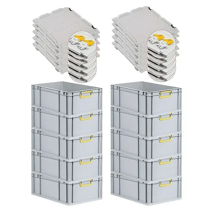 Proregal Euroboxen-Set 10x Eurobox NextGen Color mit Scharnierdeckel und Verschlüssen - L x B x H: 60 x 40 x 22 cm, Kunststoff, Grau, Gelb, 10 Stk. - Stapelbare graue Lagerboxen mit gelben Griffen und Deckel für eine ordentliche Lagerung und einfachen Transport von Gegenständen.