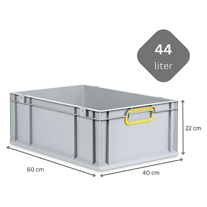 Proregal Euroboxen-Set 10x Eurobox NextGen Color mit Scharnierdeckel und Verschlüssen - L x B x H: 60 x 40 x 22 cm, Kunststoff, Grau, Gelb, 10 Stk. - Graue Lagerbox mit gelbem Griff und den Maßen 60 cm x 40 cm x 22 cm, Volumen 44 Liter.