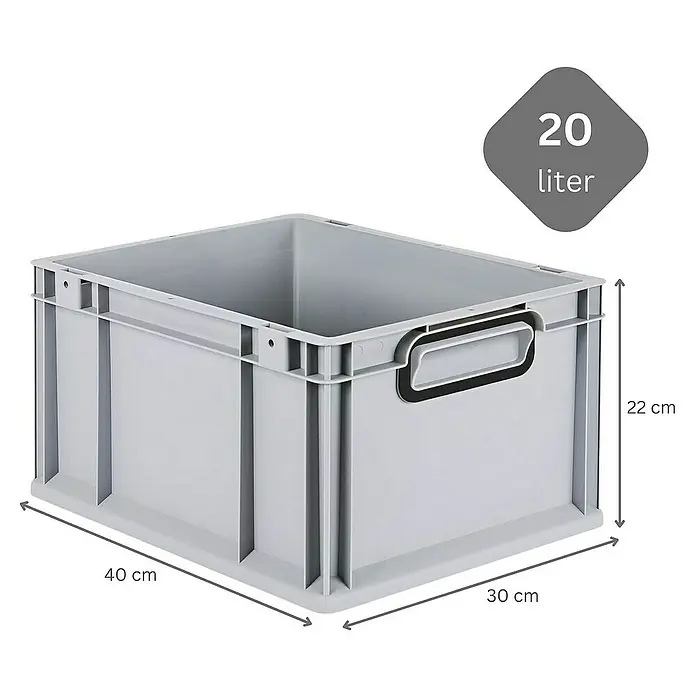 SuperSparSet 5x Eurobox NextGen Color mit Scharnierdeckel und Schiebeschnappverschlüssen | HxBxT 22x30x40cm | 20 Liter | Grau | Griffe schwarz geschlossen | Glatter Boden | Eurobehälter, Transportbox, Transportbehälter, Stapelbehälter -  - Graue 20-Liter-Kunststoffbox mit Griffen und Maßangaben (40x30x22 cm) für Lagerung und Transport.